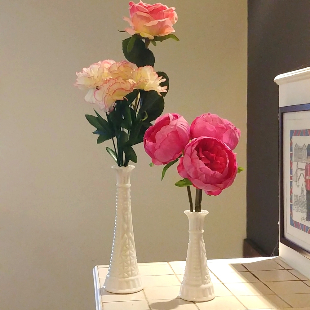 2 Vintage Milk Glass Vases Different Heights